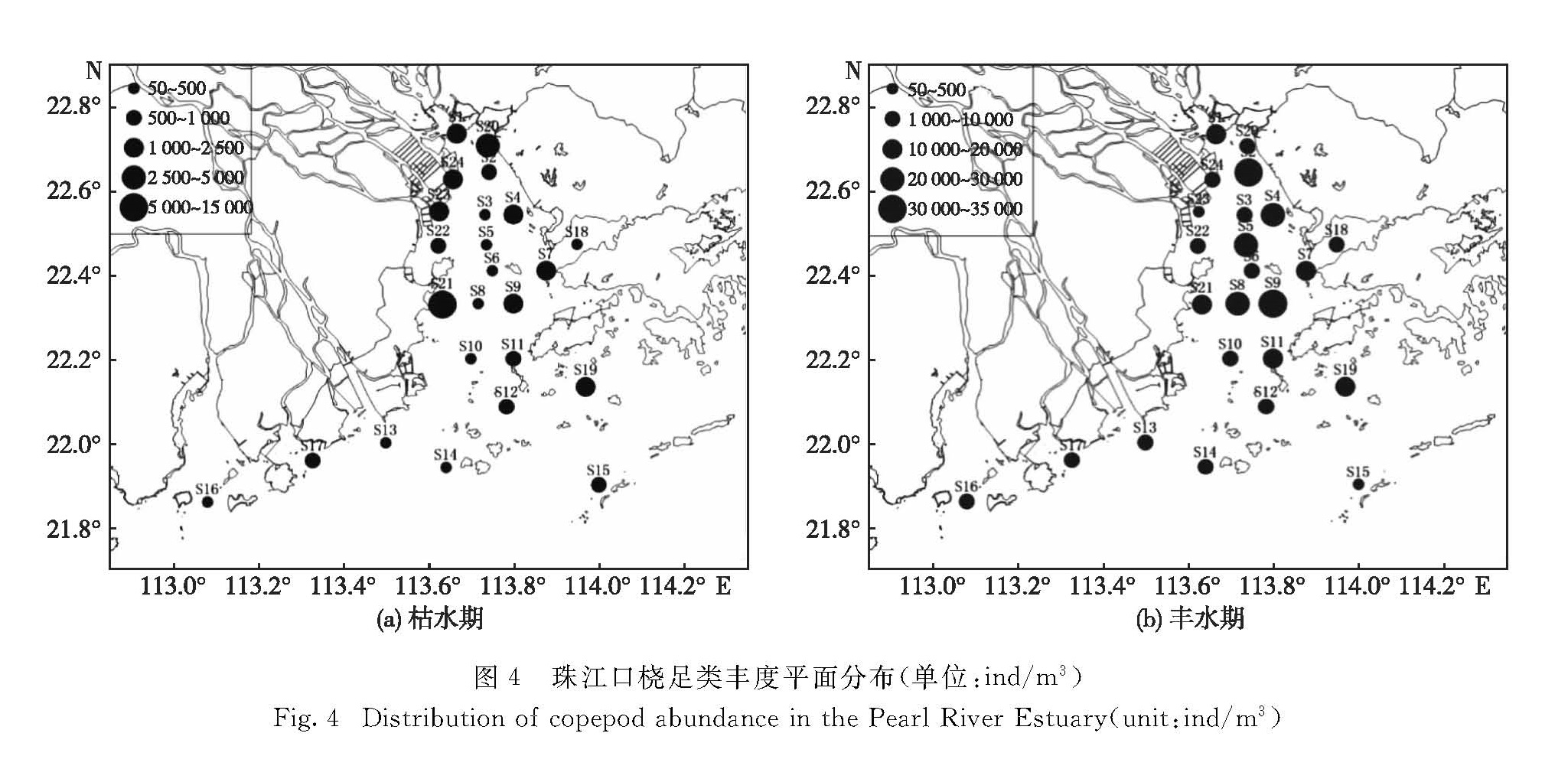 图4 珠江口桡足类丰度平面分布(单位:ind/m3)<br/>Fig.4 Distribution of copepod abundance in the Pearl River Estuary(unit:ind/m3)